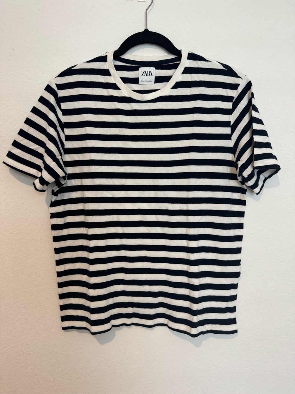 Zara Navy Blue and White Rugby Striped Short Sleeve Cotton T shirt